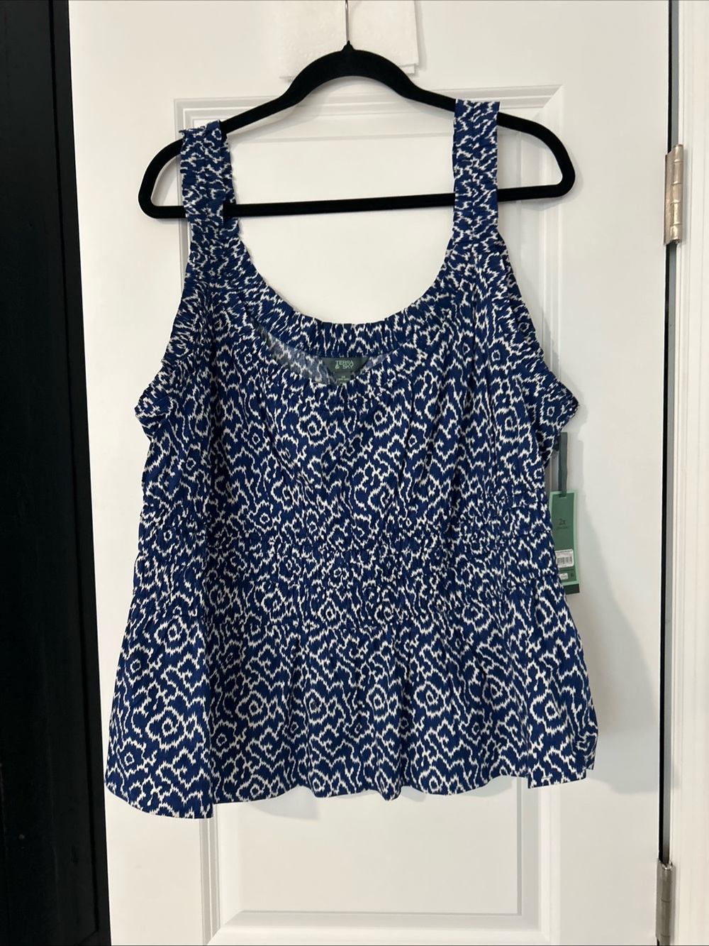 Terra & Sky Women's Plus Sleeveless Smocked Peplum Tank Top, 2x Blue/White- NWT